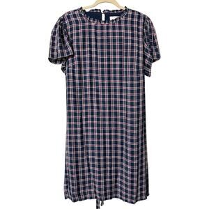 LOFT Plus Dress womens size 16 blue & red plaid Flutter Sleeve Mock Neck belted